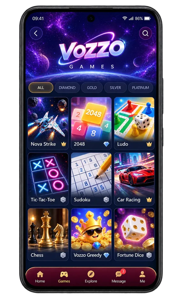 Illustration of the Vozzo Games hub with casual game tiles