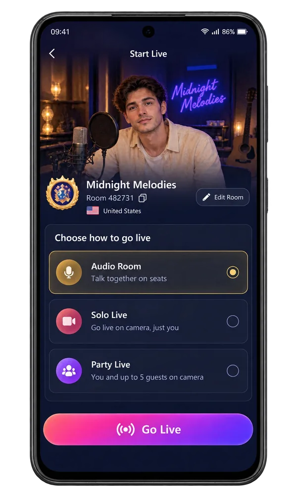 Illustration of the Vozzo Go Live screen for choosing Audio Room, Solo Live or Party Live