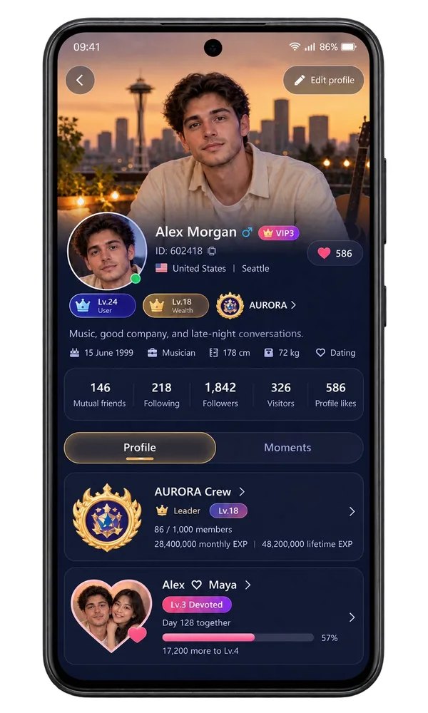 Illustration of a Vozzo profile with a cover photo, badges, follower counts and a Family card