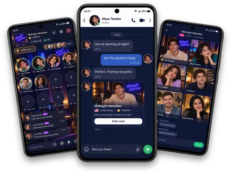 Three Vozzo screens shown as illustrations: an Audio Room, a Party Live room and a chat