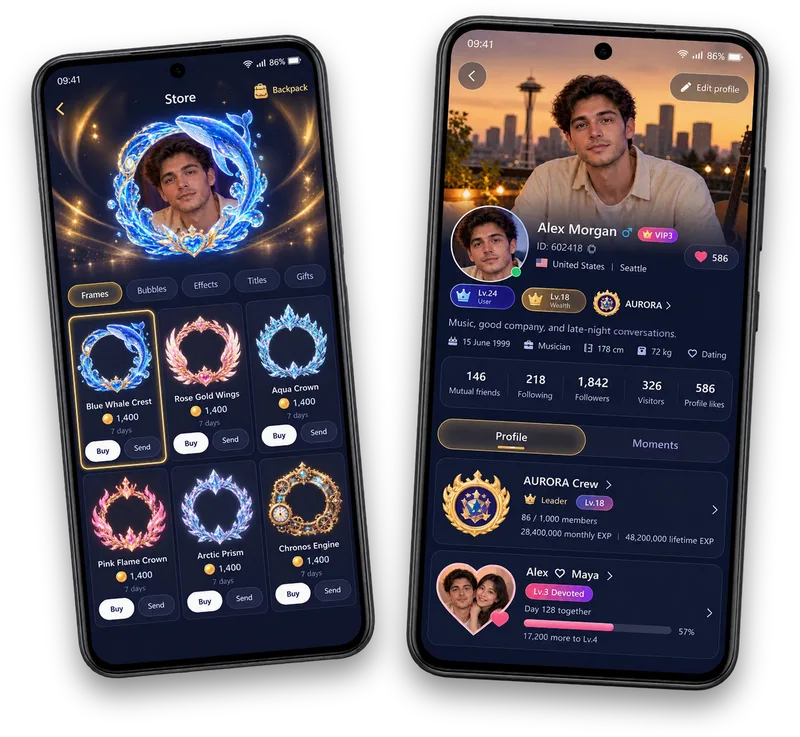Two Vozzo screens shown as illustrations: the Store and a profile