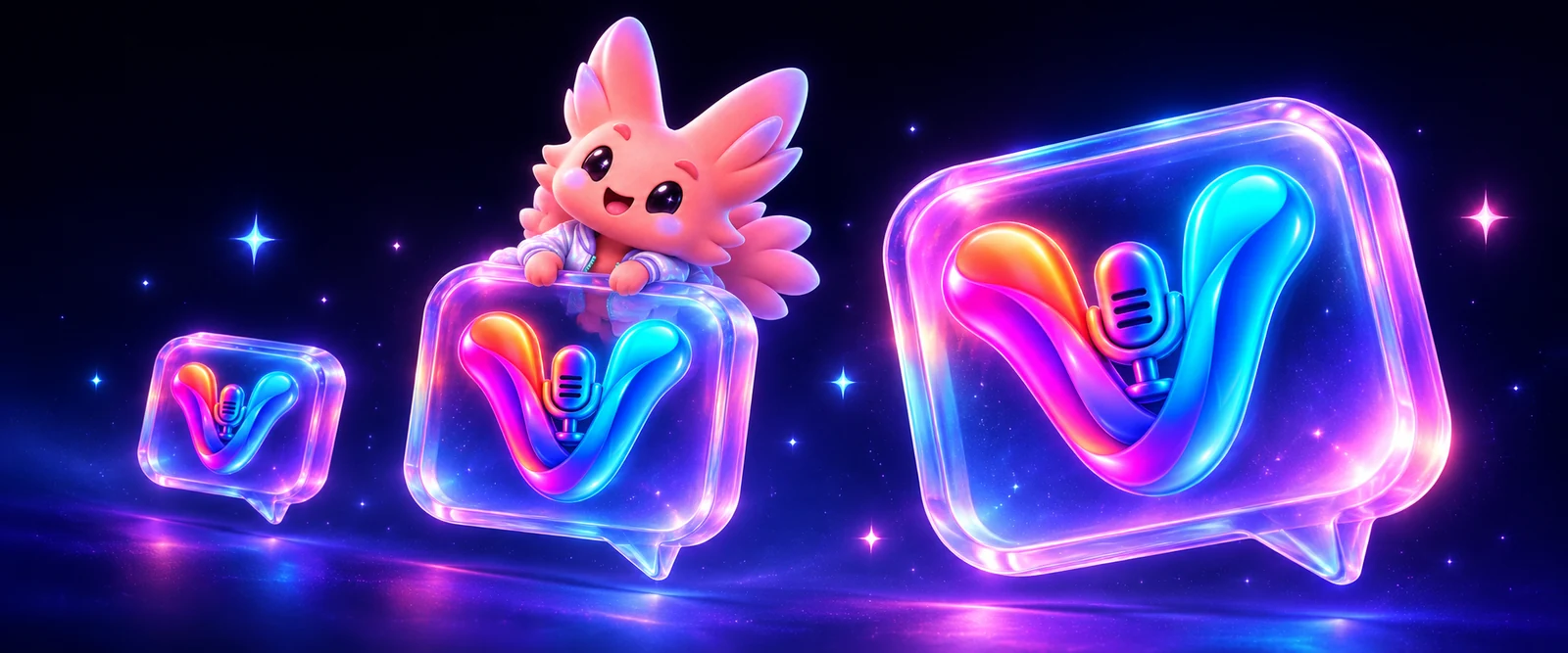 Original Vozzo artwork with rainbow microphone logos in glass chat bubbles and Vox the mascot