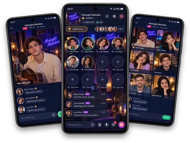 Three Vozzo live modes shown as illustrations: Audio Room, Solo Live and Party Live