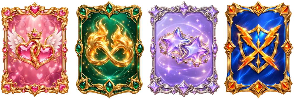 Official Vozzo relationship cards, from left to right: pink Couple hearts, green Soulmate wings, violet Bestie stars and blue Homie artwork