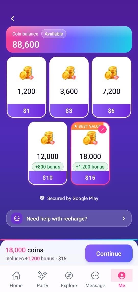 Vozzo recharge screen showing coin packages